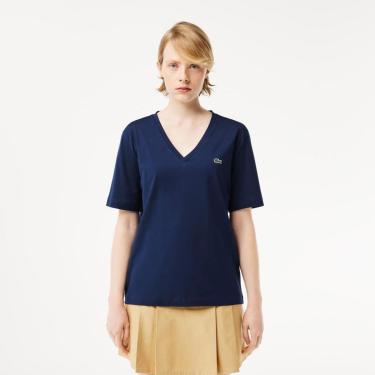 Imagem de Camiseta Lacoste de Algodão com Gola V e Caimento Relaxado Feminina-Feminino