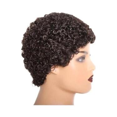 Imagem de Peruca Curta Pixie Cacheada Crespa Natural Preta De Cabelo Humano Para