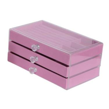 Imagem de Porta Jóias Acrílico Luxo de Veludo com 3 Gavetas para Anéis, Pulseira