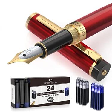 Imagem de Dryden Designs Caneta-tinteiro com ponta média, inclui 24 cartuchos de tinta (12 pretos e 12 azuis) e conversor de refil de tinta, para caligrafia, escrita consistente, fluxo suave, vermelho (royal red)