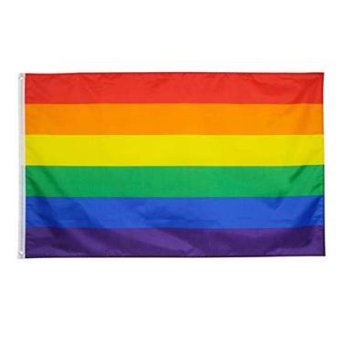Imagem de Bandeira do arco-íris de 1 x 1,5 m, bandeira de orgulho gay LGBT bandeira, resistente ao desbotamento e cores vivas, bandeira para pendurar interior/exterior com ilhós de metal, suprimentos para decoração de parede de festa de festival arco-íris