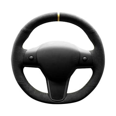 Imagem de Alfanxi Costura à mão Itália Alcantara capa de volante de carro para Tesla Model 3/Tesla Model Y (Alcântara preta com pontos + faixa amarela)