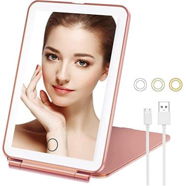 Imagem de Espelho de maquiagem, espelho de maquilhagem com 80 luzes LED, espelho LED compacto, espelho cosmético portátil com 3 luzes coloridas, acessórios de viagem para mulheres ouro rosa