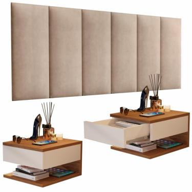 Imagem de Conjunto Para Quarto Cabeceira Julia Queen 1,60 Bege com Duas Mesas de Cabeceira Suspensa Decor - Freijó/Off White