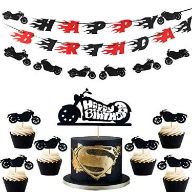 Imagem de Conjunto LaVenty de 9 faixas de aniversário de motocicleta para decoração de aniversário de motocicleta para decoração de bolos e scooter para decoração de aniversário de Harley para o aniversário de um homem ou menino