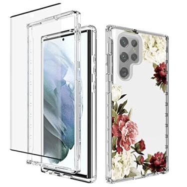 Imagem de Tothedu Capa de telefone para Galaxy S22 Ultra 5G SM-S908U capa com protetor de tela de vidro temperado, capas protetoras de corpo inteiro com padrão floral transparente bonito para Samsung Galaxy S22 Ultra 5G (flor)
