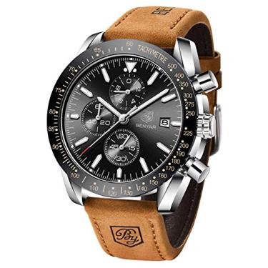 Imagem de BENYAR Relógios masculinos de quartzo, cronógrafo, negócios, marca de luxo, à prova d'água, relógios de pulso modernos de couro marrom para homens, Marrom, prata, preto, Alça