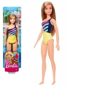 Imagem de Boneca Barbie Cabelo Loiro Moda De Praia Maiô Esculpido Amarelo Mattel