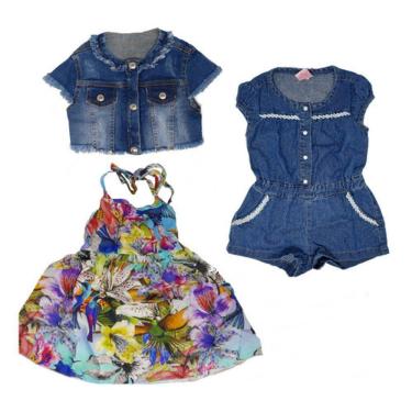 Imagem de Vestido E Casaquinho Jeans/macacão Jeans -infantil- 3 Peças