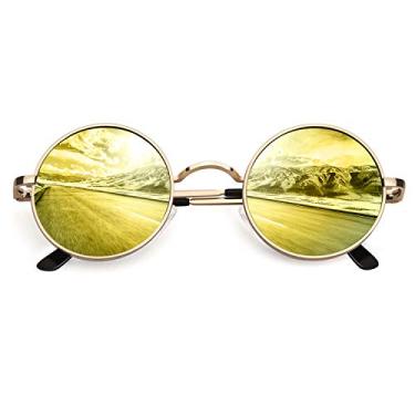 Imagem de CGID Óculos de sol retrô redondos polarizados masculino feminino círculo metal hippie proteção UV400 E01, Lente amarela espelhada retrô/45 mm/armação dourada, Small