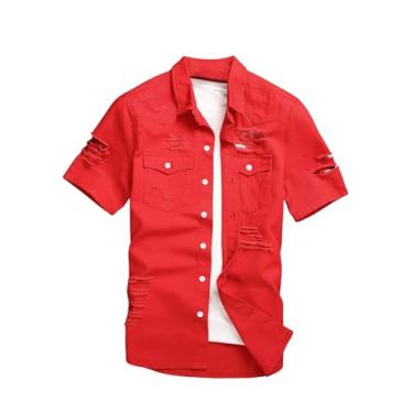 Imagem de Floerns Camisa jeans masculina casual rasgada com botão frontal, bolso duplo, manga curta, sem camiseta, Vermelho, XXG