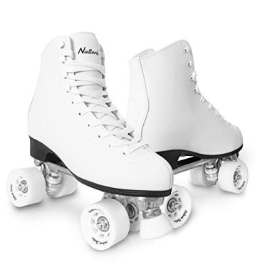 Imagem de Patins femininos com patins de couro PU cano alto fileira dupla, unissex, adulto, interior, exterior, branco, tamanho 11, com frenagem rápida ajustável para iniciantes