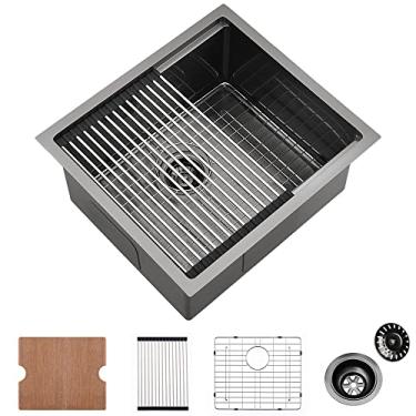 Imagem de Pia de mesa de trabalho preta de 48 cm - VASOYO 48 cm x 45,7 cm de aço inoxidável preto com montagem inferior para pia de cozinha, pia externa para trailer, tigela única de calibre 16 de profundidade