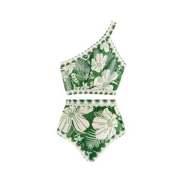 Imagem de LEZOOEY Maiô feminino de 3 peças, biquíni sexy de um ombro só com cintura alta e saída de praia meia longa, Biquíni verde, M
