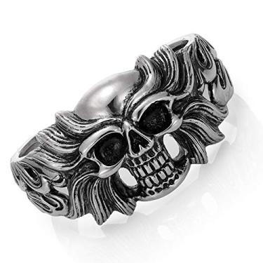 Imagem de ROWIN&CO Pulseira de cabeça de caveira de aço inoxidável, pulseira aberta, pulseiras pesadas para motociclistas, presentes personalizados para pai, filho, adolescente., Metal, Aço