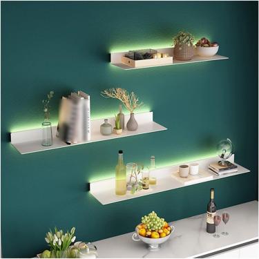 Imagem de Prateleiras de parede flutuantes com LED, prateleira de armazenamento de parede montada na parede com lados de placa de aço, prateleiras de exibição de metal para barra comercial de escritór