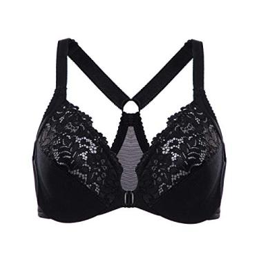 Imagem de DELIMIRA Sutiã feminino com fecho frontal plus size cobertura total renda com aro nadador, Preto, 34DD