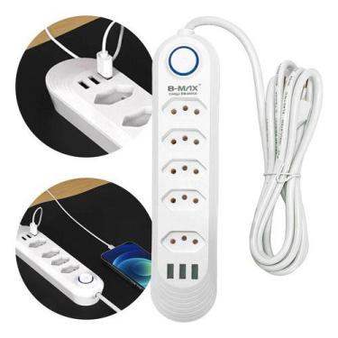 Imagem de Extensão Elétrica 5 Tomadas E 3 Usb Filtro De Linha Régua 2m - B-max