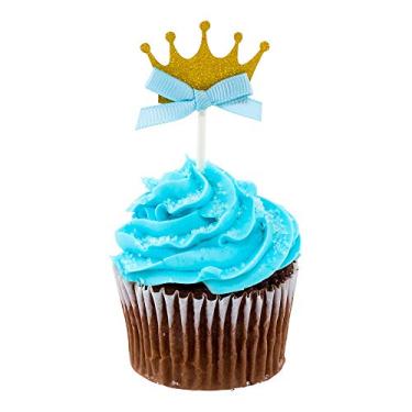 Imagem de Topos de cupcake com coroa de 9,5 x 4,5 cm, 100 palitos de cupcake com coroa de glitter – arco azul, para festas de aniversário ou chás de bebê, decorações de bolo de coroa de papel dourado, decorações temáticas de príncipe real