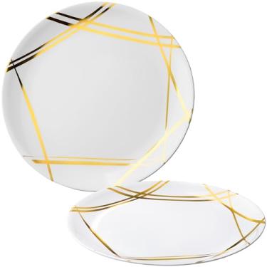 Imagem de Bandejas de servir de plástico redondas da coleção Twist Luxuosa, branco/dourado - 40,64 cm (pacote com 2) - Travessas versáteis e elegantes | Perfeito para reuniões e eventos