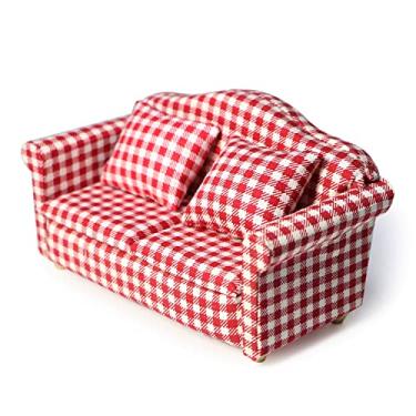 Imagem de Cutemini Sofá grande em miniatura para casa de bonecas em escala 1:12 com decoração de almofada, modelo de sofá estofado de alta simulação com moldura de madeira, sofá para casa de bonecas, presente para sala de estar (xadrez)