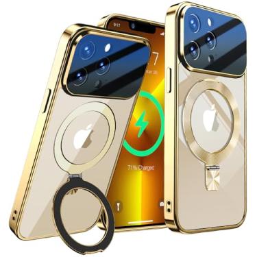 Imagem de [Proteção total da lente da câmera + anel de CD compatível com suporte MagSafe] Capa magnética para iPhone 13 Pro, proteção contra quedas de nível militar galvanizada, não amarela, capa transparente