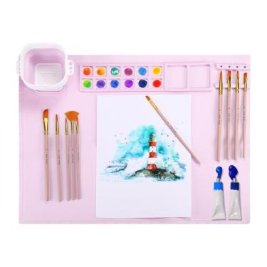 Imagem de PATIKIL Tapete de silicone para artesanato de 50,8 cm x 40,6 cm, folhas de pintura de silicone antiaderente, tapetes artísticos para desenho de resina de argila DIY, com suporte de pincel e copo de