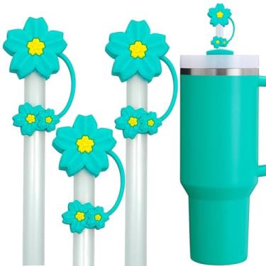 Imagem de Amreich Capa de palha azul-petróleo para copo Stanley - cobertura de palha de flor 10 mm acessórios para 30 copos de 1,134 g 3D tampa de palha de flor de cerejeira 3 peças