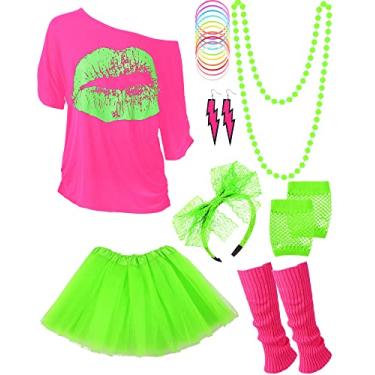 Imagem de Fantasia feminina dos anos 80 com acessórios, camiseta, saia tutu para festa temática de Halloween, Rosa vermelha com verde fluorescente, X-Small