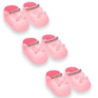 Imagem de Kit Com 3 Meias Sapatinho Bebê Recém Nascido Strass Selene, Rosa, 0 a 