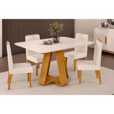 Imagem de Conjunto: Mesa Sala Jantar Celeste Tampo Madeirado c/ Vidro Curvo 120x90cm e 4 Cadeiras Lia Cedro/Off White - Linho Neve - DJ Móveis