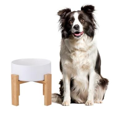 Imagem de Tigela grande de cerâmica elevada para cães - Prato pesado para cães com suporte de bambu - elevado para alimentação confortável - 21 cm L x 20 cm A - 4,5 xícaras (2,011 ml) - Branco