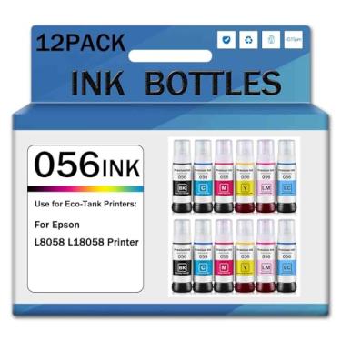 Imagem de Refil de tinta 056 compatível com frascos de tinta Epson 056, pacote múltiplo para impressora Epson L8058 L18058, preto, ciano, magenta, amarelo, claro, ciano, claro, magenta, 12 peças, 1 conjunto