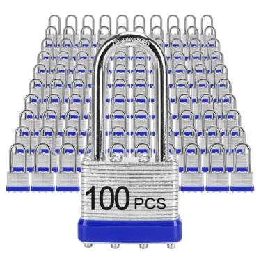 Imagem de Cadeados com a mesma chave, cadeado laminado LQYN 100 peças (1-9/40.6 cm, 40 mm), fechaduras semelhantes com chave, manilha longa, para armário de armazenamento, trava de ferrolho, caixa de