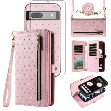 Imagem de Asuwish Capa de celular para Google Pixel 7A 5G 2023 com zíper carteira magnética destacável com protetor de tela de vidro temperado, alça transversal, flip brilhante, porta-cartões de crédito,