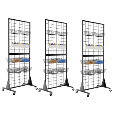 Imagem de QKOSMTL Suporte de exibição de painel gridwall de 3 pacotes, rack de piso resistente de 2'x5,5' com parede removível, roda silenciosa móvel, fácil de transportar, ideal para feiras de varejo