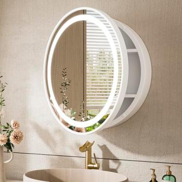 Imagem de TokeShimi Espelho redondo para armário de remédios de 61 cm para banheiro com desembaçador, iluminação ajustável em 3 cores, 2 tomadas elétricas, montagem em superfície