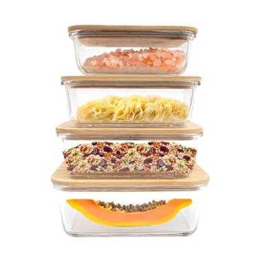 Imagem de kit 4 potes de vidro com tampa de bambu hermético marmita retangulares - Tud