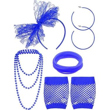 Imagem de Blulu Acessórios para fantasia dos anos 80, brincos de renda, luvas arrastão, colar e pulseira para festa dos anos 80, One size fits all, Nylon