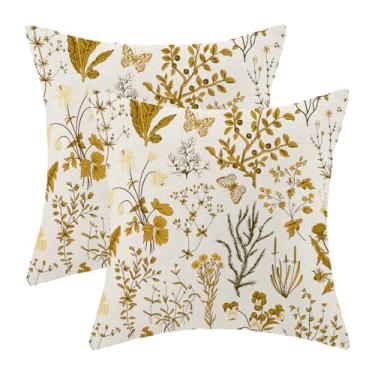 Imagem de AEIOAE Conjunto de 2 capas de travesseiro de verão 61 x 61 cm, capa de almofada amarela mostarda com plantas silvestres e flores silvestres sazonais decorativas ao ar livre em linho quadrado para