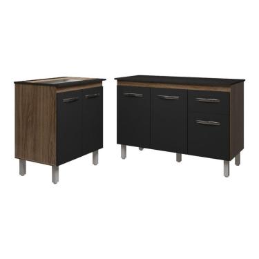 Imagem de Balcão Para Cooktop 5 Bocas Fran E Armário Aline 118 Cm Cozinha Gabinete Preto Com Tampo Tampão Preto