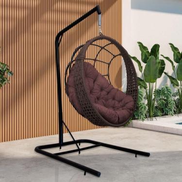 Imagem de Cadeira Balanço Ninho Suspenso Em Corda Náutica Luxo Com Suporte Marrom