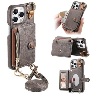 Imagem de Capa cruzada durável e removível para iPhone 13 Pro Max, porta-moedas com fecho de correr, suporte para anéis, espelho integrado, ranhura para cartões, suporte multiângulo em elegante capa de couro