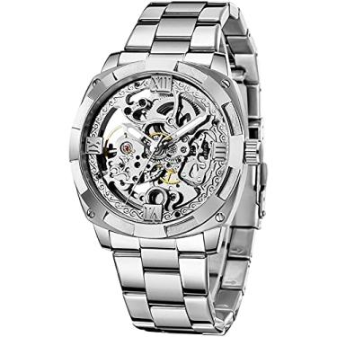 Imagem de Relógios Steampunk Automáticos Esqueleto Tom Dourado Luminoso Mãos Pulseira de Couro Relógio de pulso, silver silver, 40mm