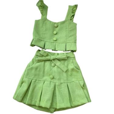 Imagem de conjunto infantil menina em linho short saia e cropped - COMART, Verde