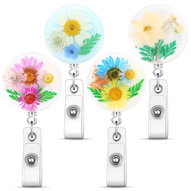 Imagem de Conjunto de 4 carretéis de identificação florais práticos com desenhos artísticos de flores, carretilhas retráteis de enfermagem para profissionais de saúde, materiais de trabalho funcionais (azul)