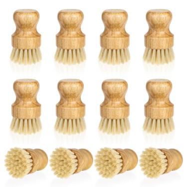 Imagem de 12 peças de escovas de bambu para lavar louça de cozinha, conjunto de esfregões de madeira, escova de limpeza de cerdas de sisal para lavar panela de ferro fundido, espátula de pia