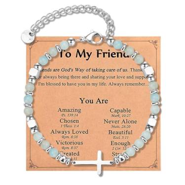 Imagem de Beljeley Pulseira de cruz da amizade cristã para mulheres, corrente de elos com contas - Presente inspirador perfeito para filha, sobrinha, irmã e amiga, One Size, Aço inoxidável, Sem Pedra Preciosa