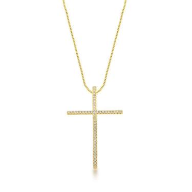 Imagem de Colar Com Crucifixo Cravejado Banhado A Ouro 18k 60cm