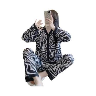 Imagem de Conjunto De Pijamas De Seda Gelada De Manga Comprida Feminino Solto La
